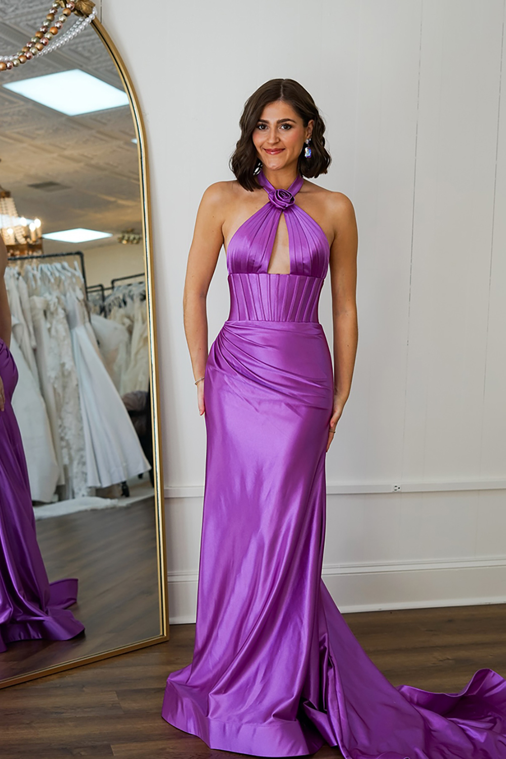 Long Sage Satin Prom Dress with Flower Halter Backless Style
