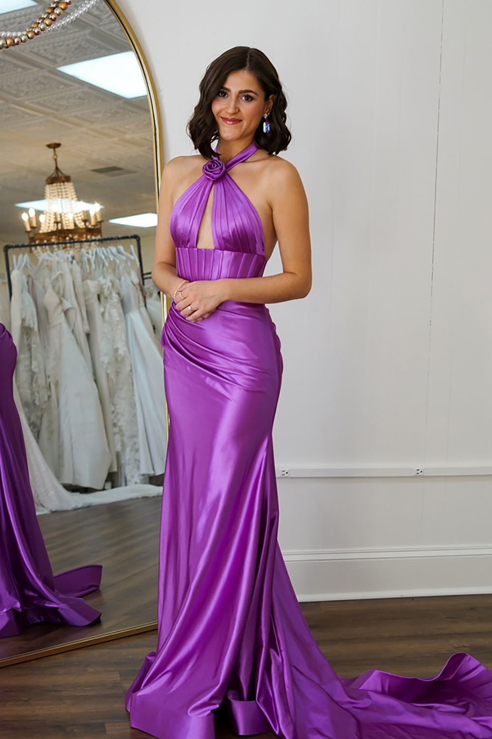 Long Sage Satin Prom Dress with Flower Halter Backless Style