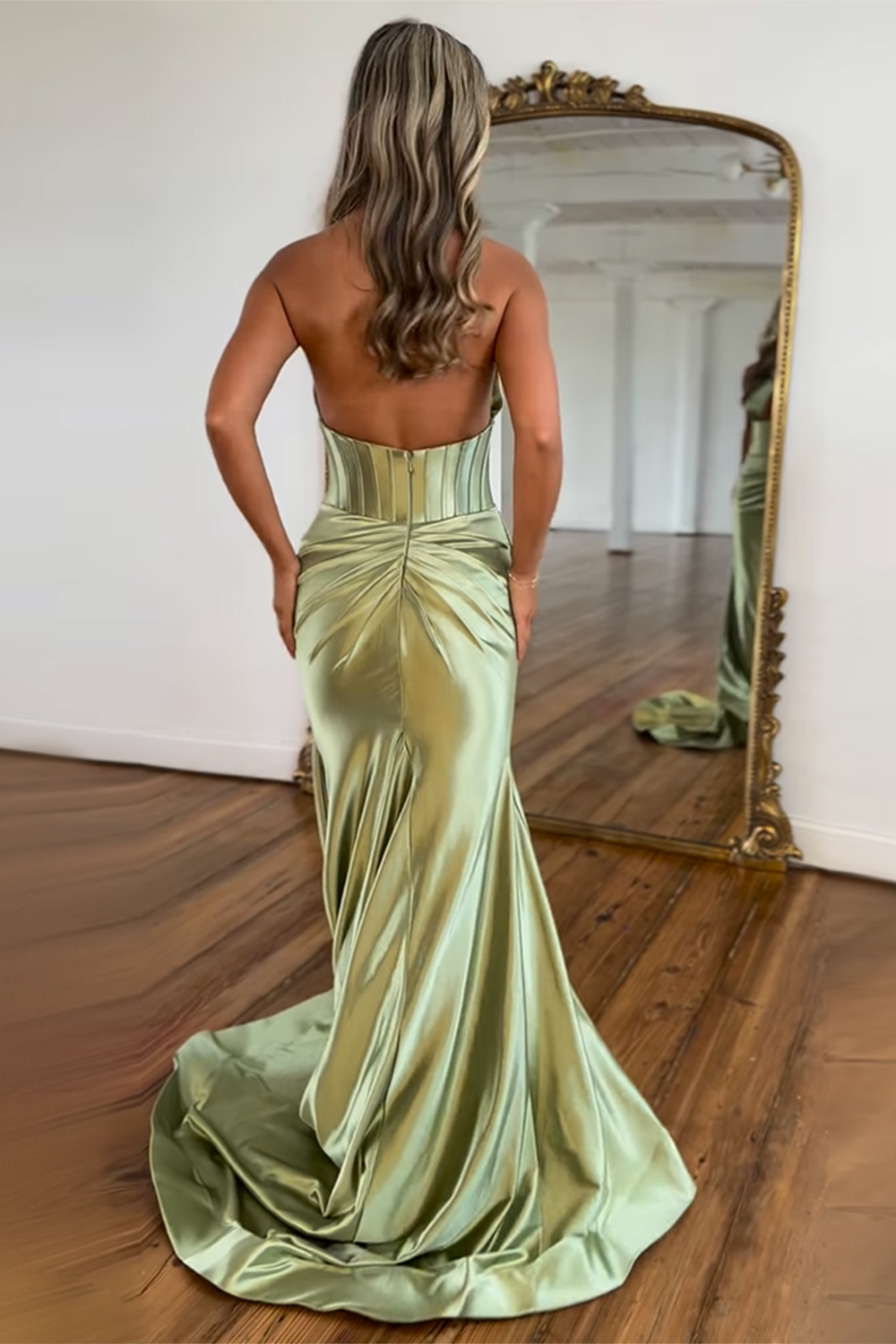 Long Sage Satin Prom Dress with Flower Halter Backless Style