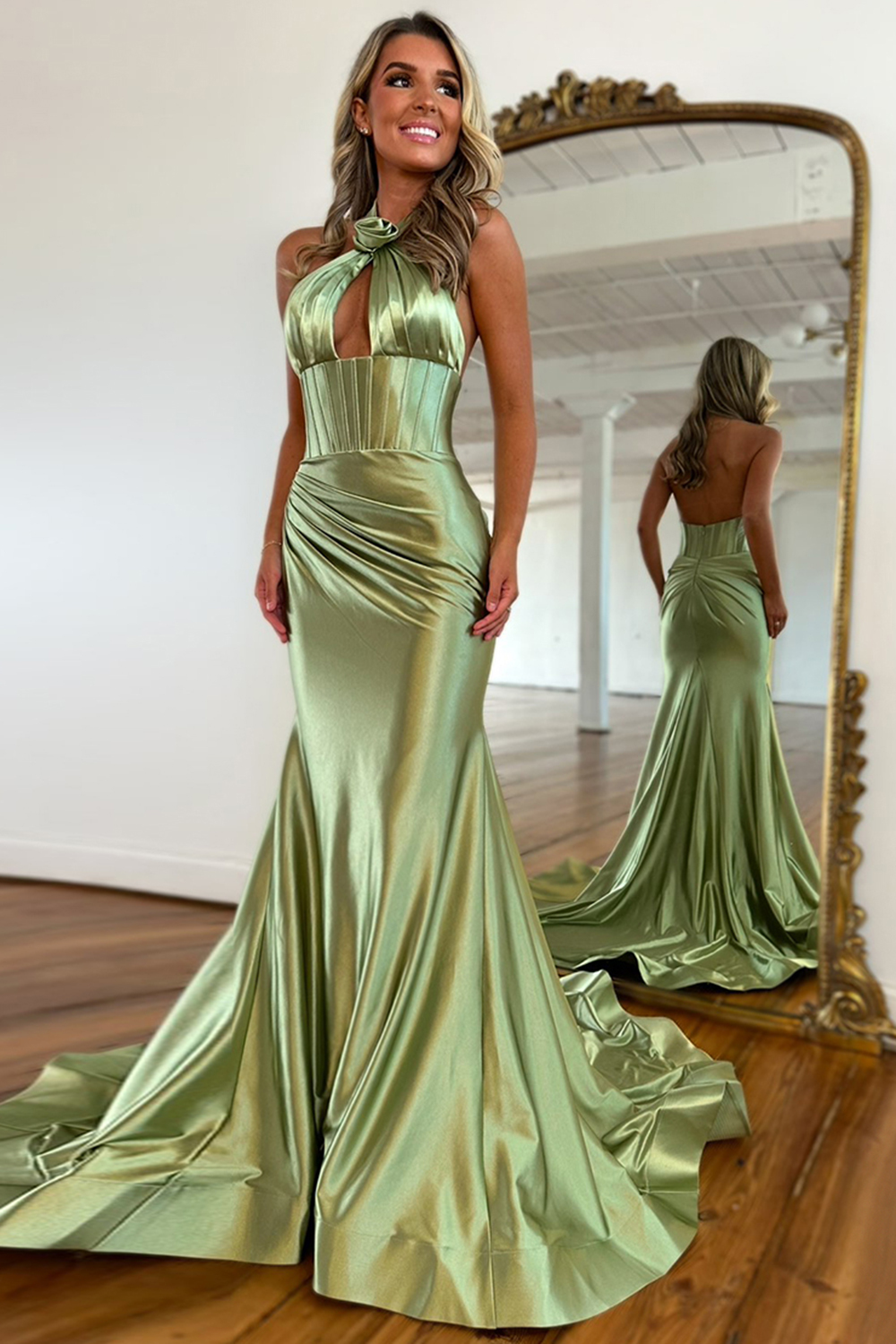 Long Sage Satin Prom Dress with Flower Halter Backless Style