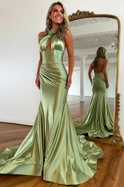 Long Sage Satin Prom Dress with Flower Halter Backless Style