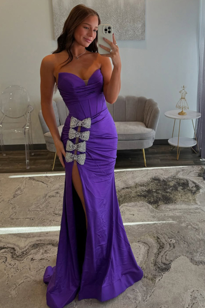 Long Satin Prom Dress in Sparkly Purple with Sweetheart Corset and Bow