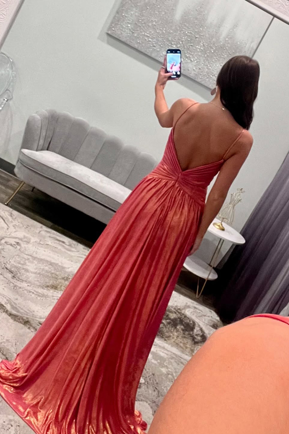 Long Pleated Prom Dress with Sparkly Orange Metallic Cut Out and Slit