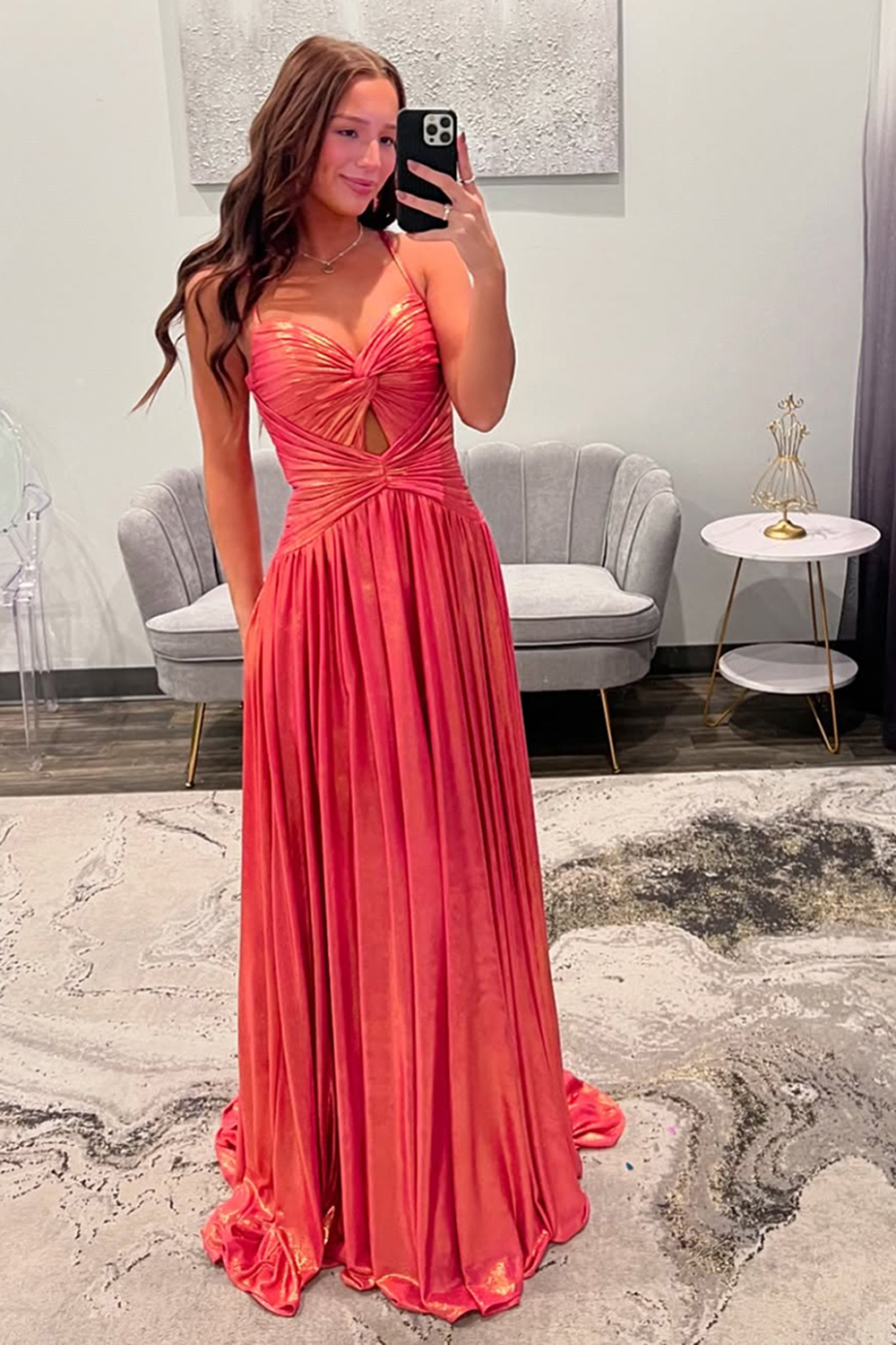 Long Pleated Prom Dress with Sparkly Orange Metallic Cut Out and Slit