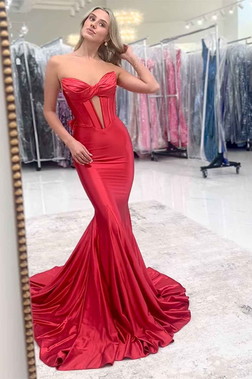 Sweetheart Red Satin Prom Corset Dress Featuring a Long Back Bow