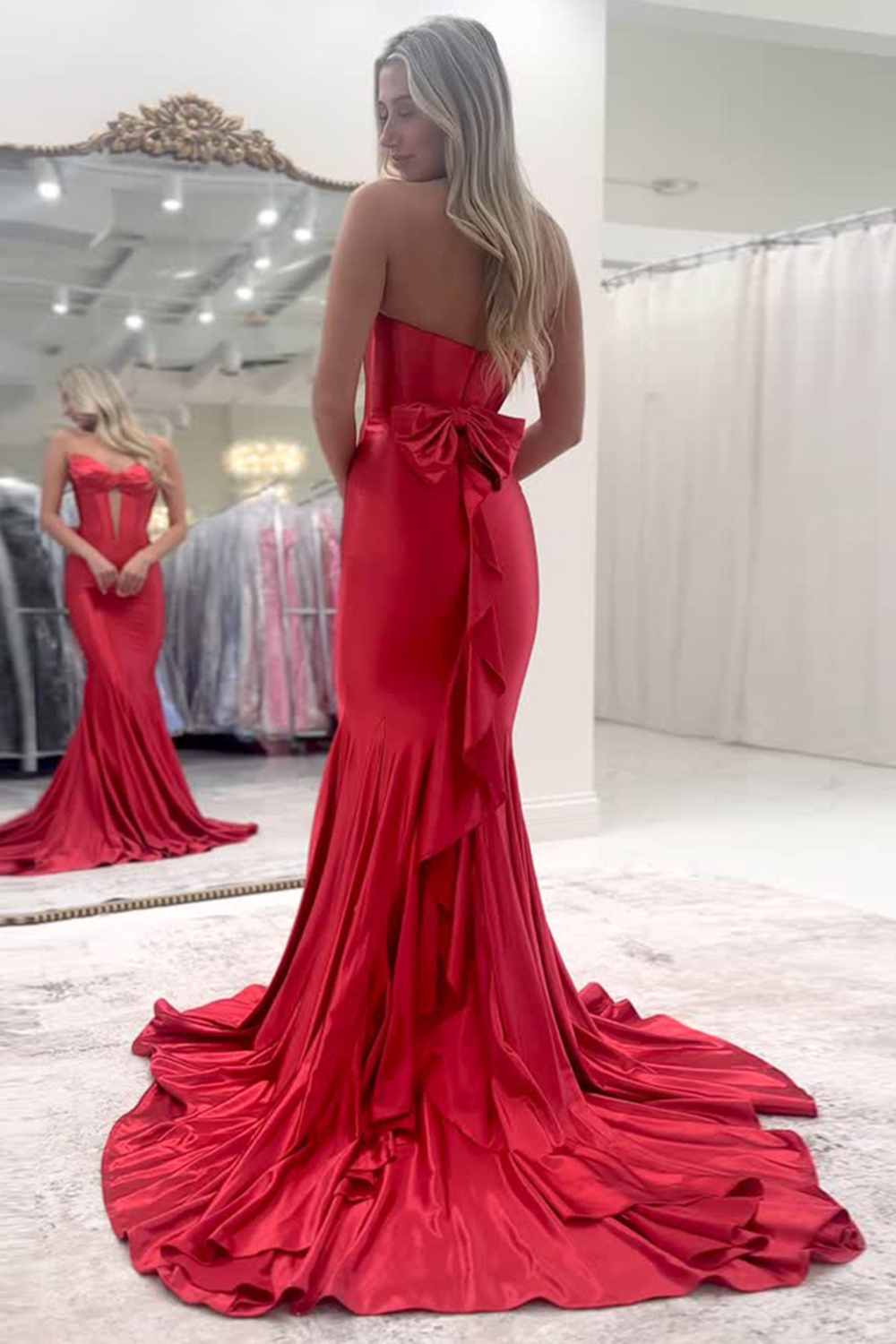 Sweetheart Red Satin Prom Corset Dress Featuring a Long Back Bow