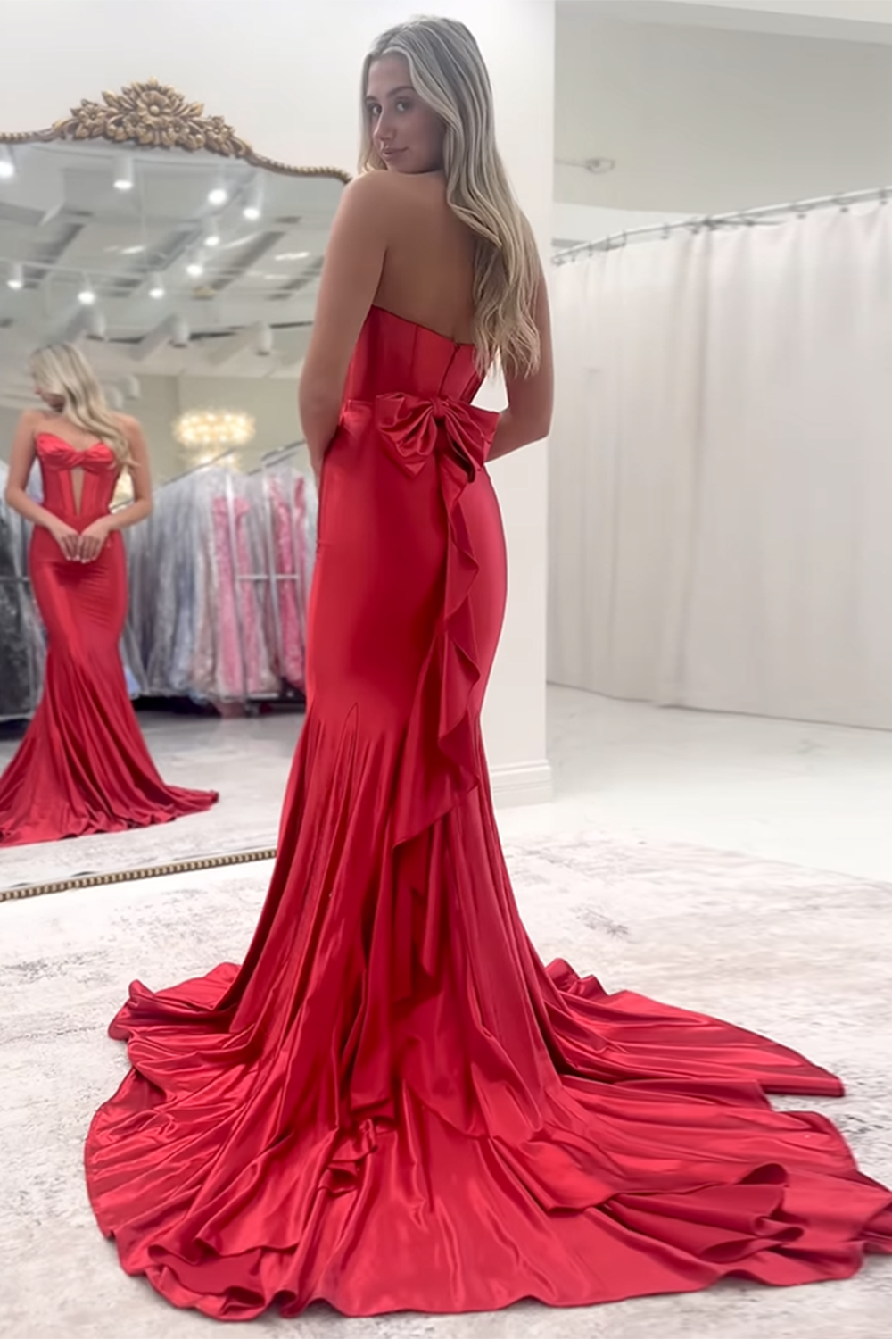 Sweetheart Red Satin Prom Corset Dress Featuring a Long Back Bow