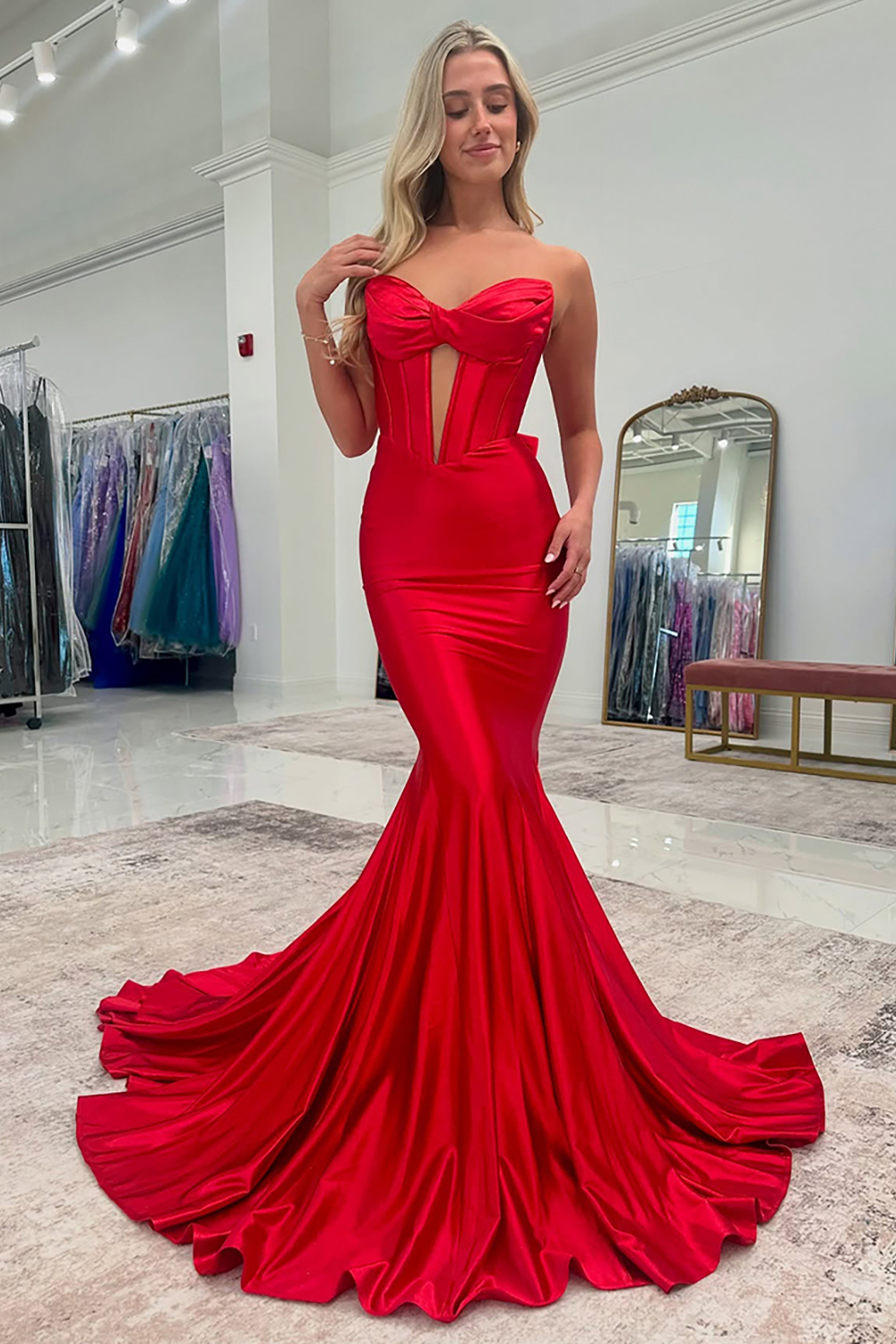 Sweetheart Red Satin Prom Corset Dress Featuring a Long Back Bow
