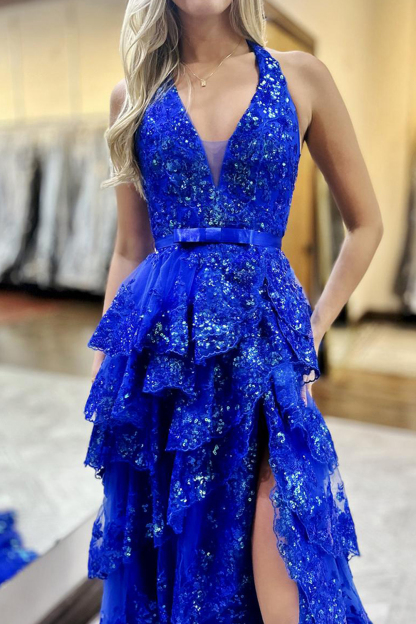 Royal Blue Glitter Halter Prom Dress Featuring a Bow and Long Ruffles