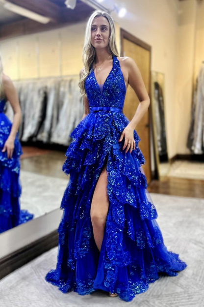 Royal Blue Glitter Halter Prom Dress Featuring a Bow and Long Ruffles