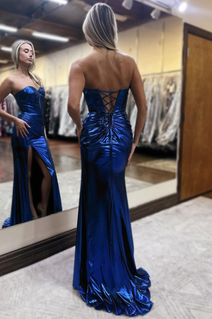 Metallic Long Prom Dress in Dark Blue with Glitter and Sweetheart Corset Featuring a Slit