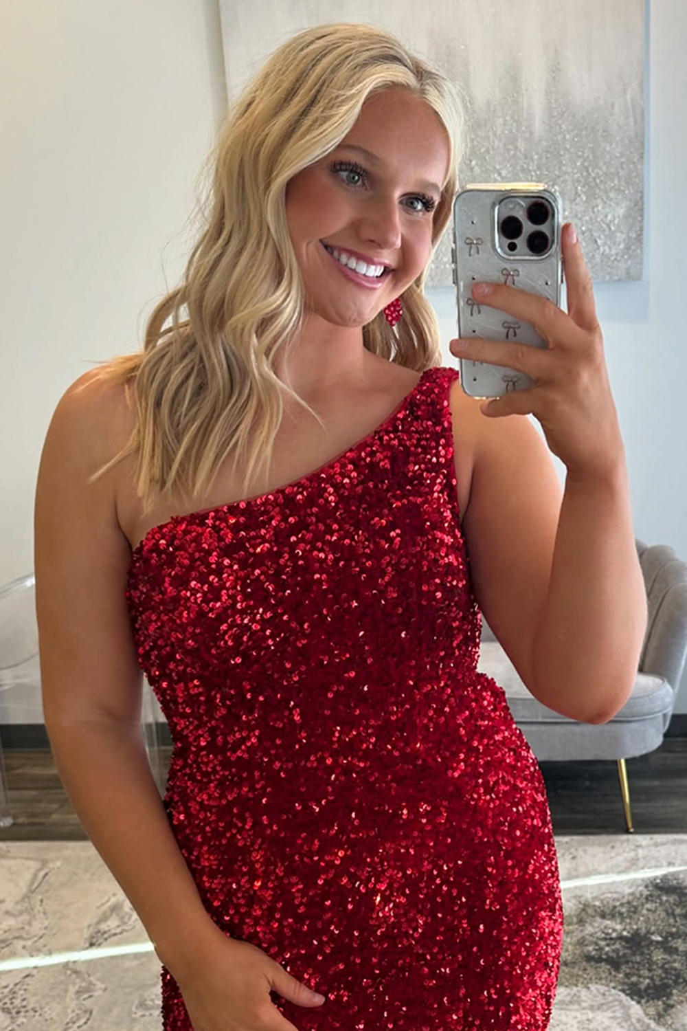 Burgundy Plus Size One Shoulder Long Prom Dress with Sparkly Sequins and Slit