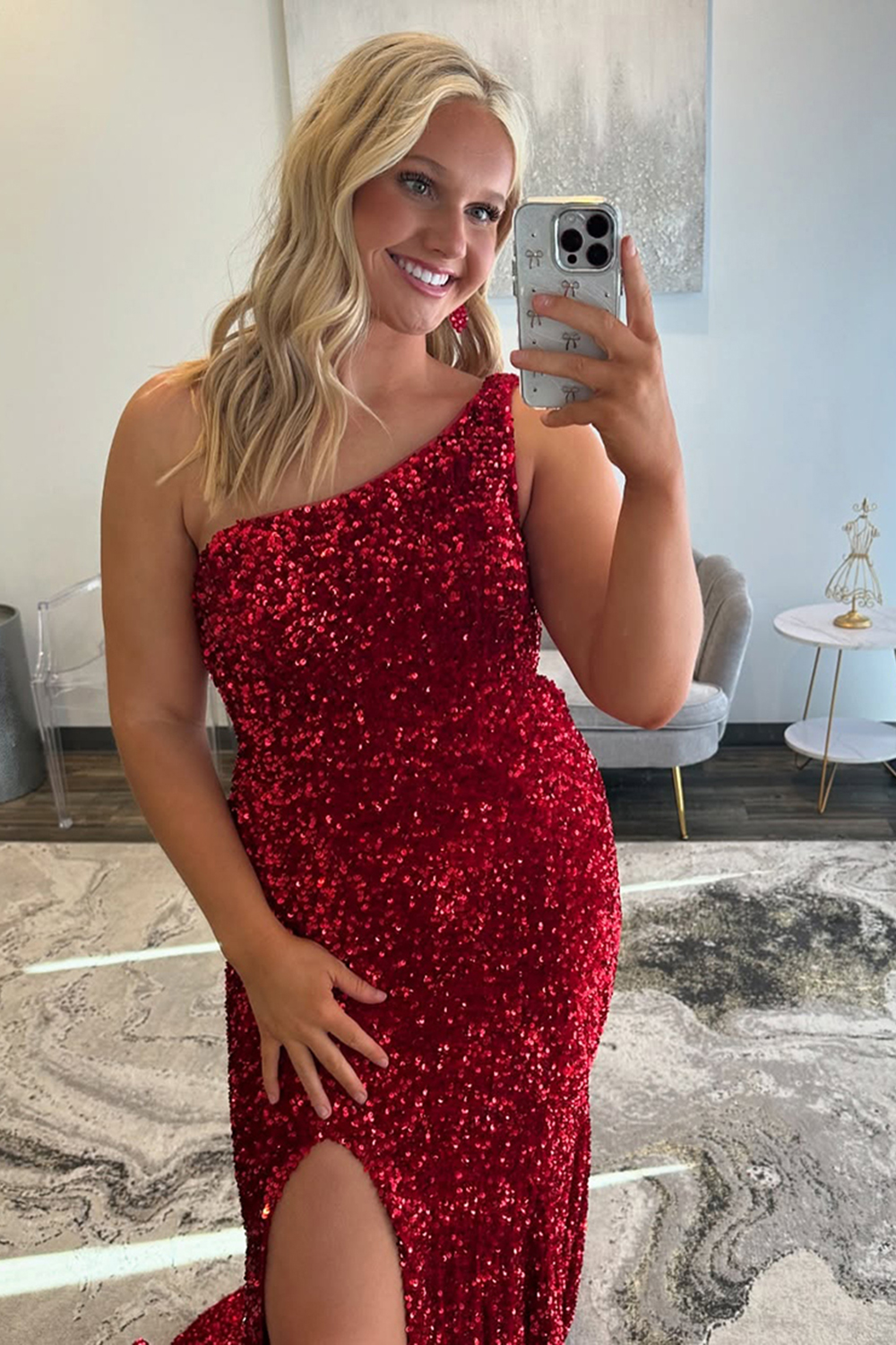 Burgundy Plus Size One Shoulder Long Prom Dress with Sparkly Sequins and Slit