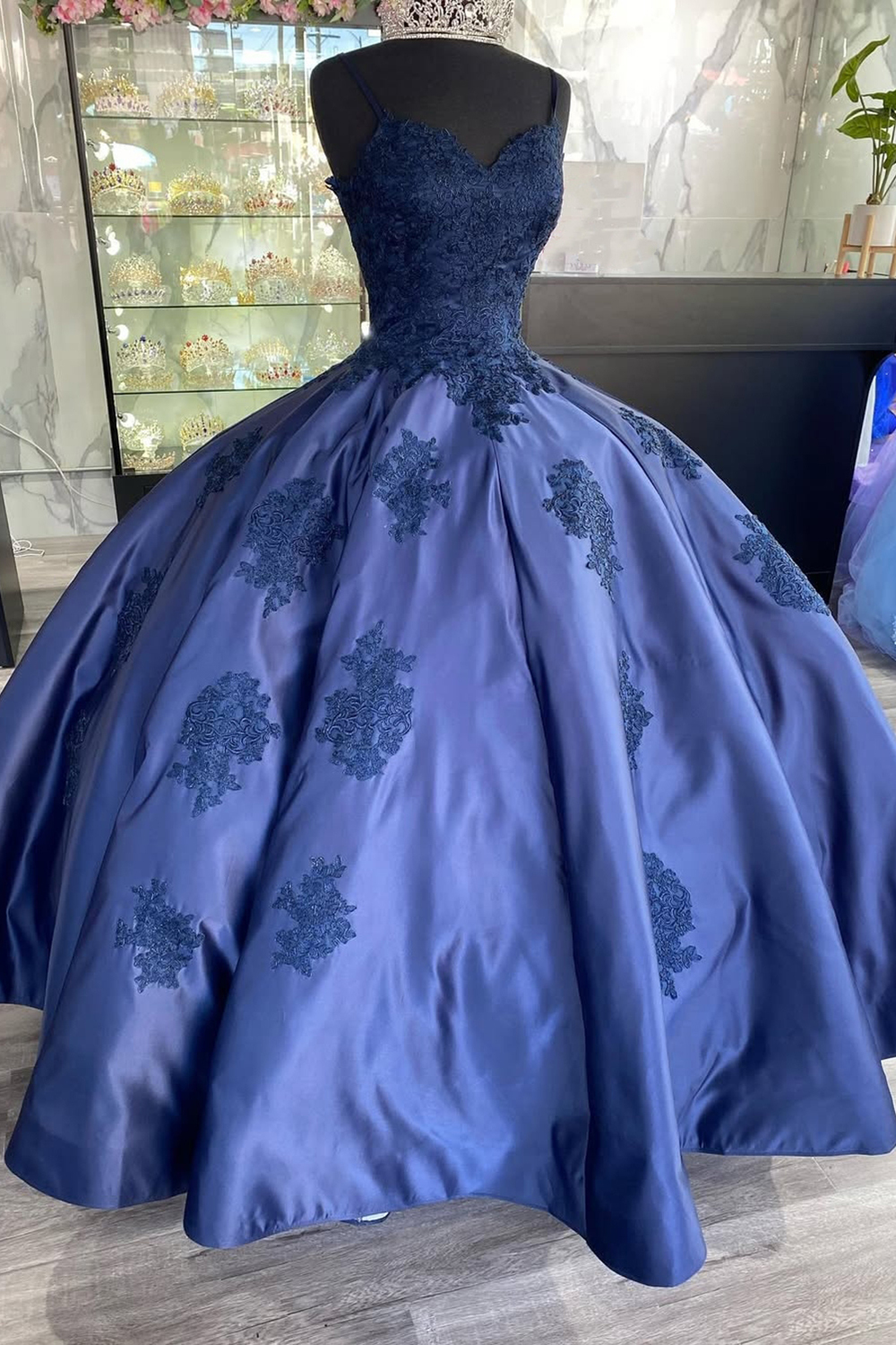 Dark Blue Quinceanera Ball Gown with Princess Spaghetti Straps and Appliques