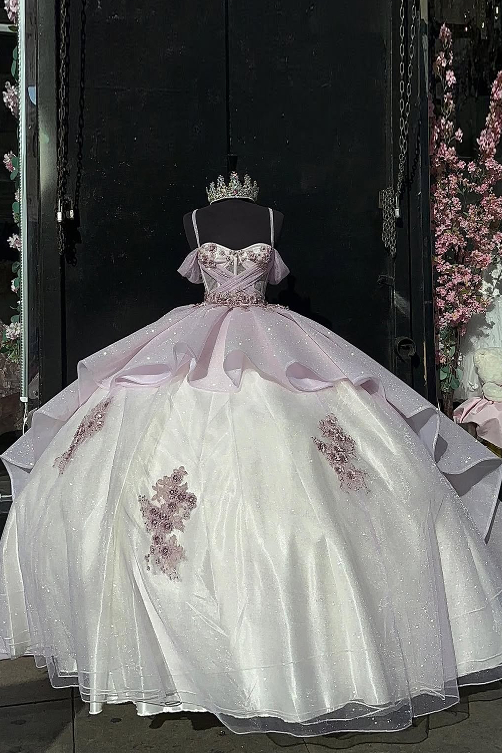 Pink Sparkle Cold-Shoulder Ball Gown with Ruffled Tulle and Appliques for Quinceanera