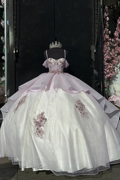 Pink Sparkle Cold-Shoulder Ball Gown with Ruffled Tulle and Appliques for Quinceanera