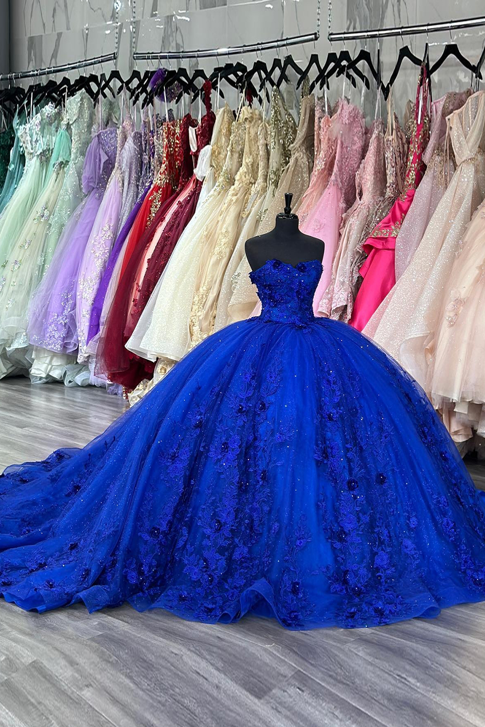 Royal Blue Sparkly Strapless Quinceanera Dress with Beaded Tulle and Princess Appliques