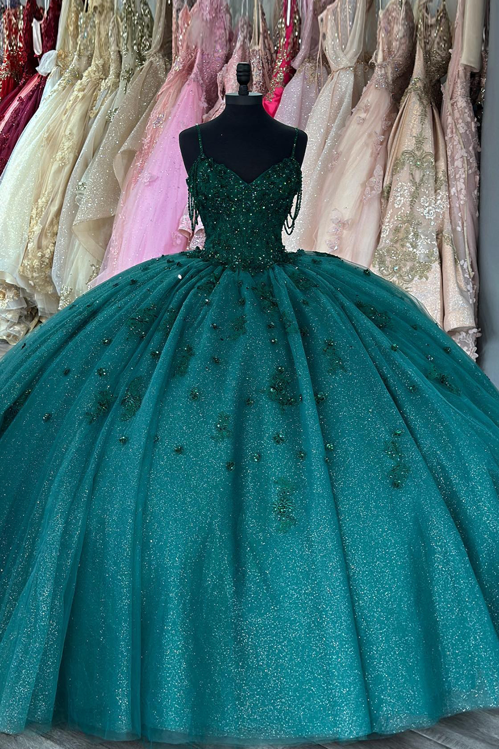 Dark Green Sparkly Quinceanera Ball Gown with Tulle Tassels and Sequined Appliques on Spaghetti Straps