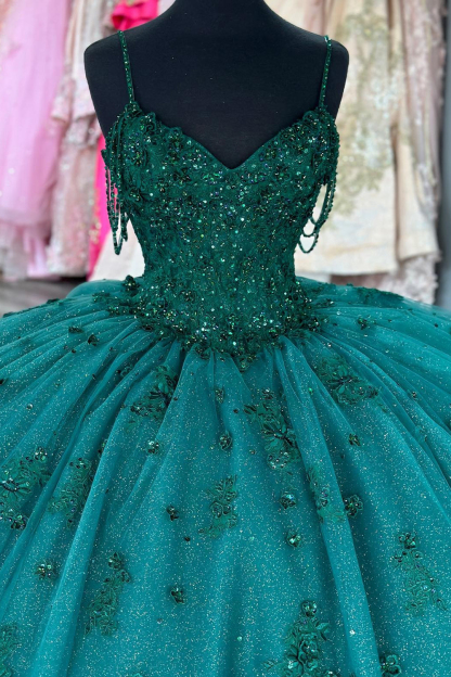 Dark Green Sparkly Quinceanera Ball Gown with Tulle Tassels and Sequined Appliques on Spaghetti Straps