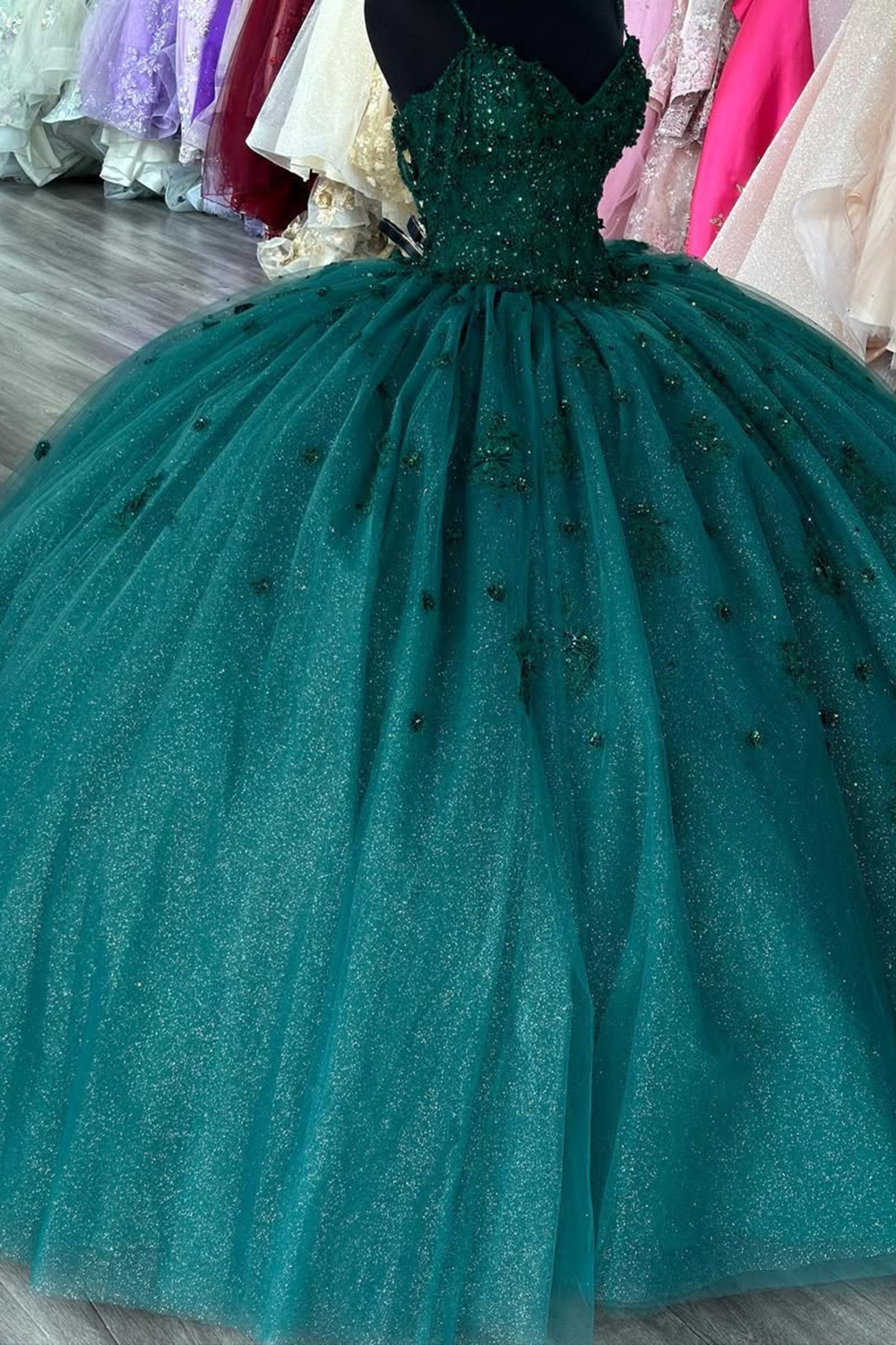 Dark Green Sparkly Quinceanera Ball Gown with Tulle Tassels and Sequined Appliques on Spaghetti Straps