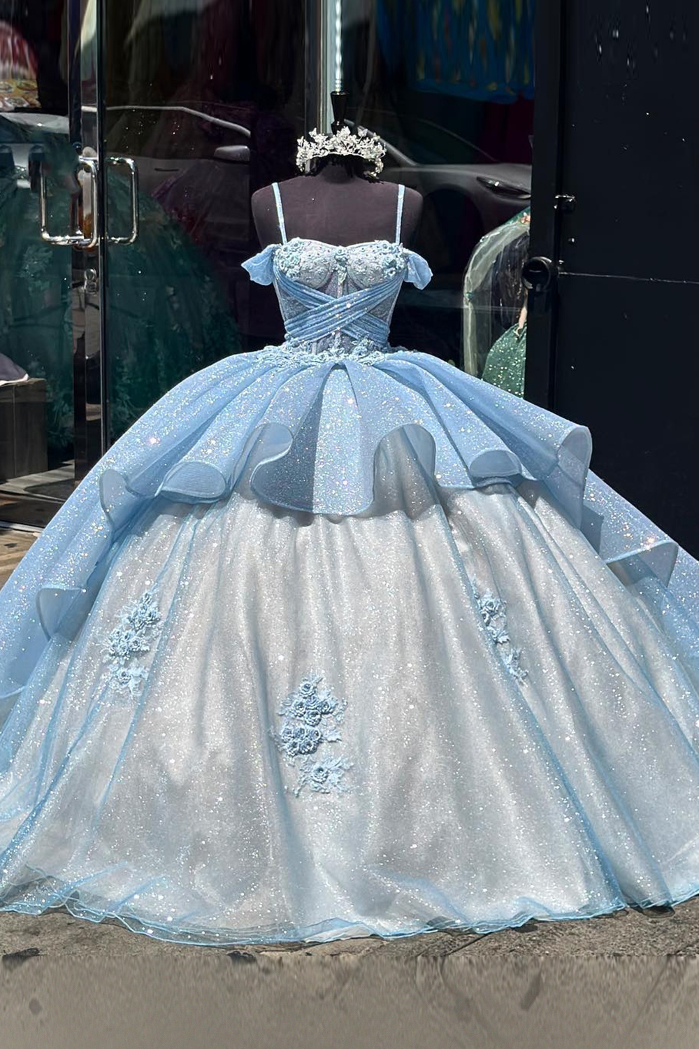 Pink Sparkle Cold-Shoulder Ball Gown with Ruffled Tulle and Appliques for Quinceanera