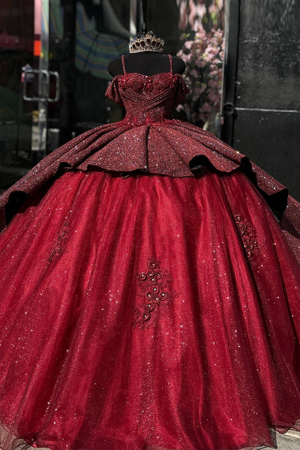 Pink Sparkle Cold-Shoulder Ball Gown with Ruffled Tulle and Appliques for Quinceanera