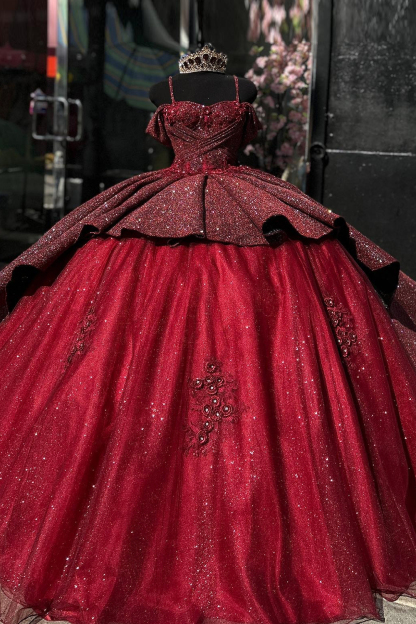 Pink Sparkle Cold-Shoulder Ball Gown with Ruffled Tulle and Appliques for Quinceanera
