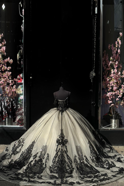 Black Apricot Sparkle Cold Shoulder Ball Gown with Sequined Tulle Embroidery for Quinceanera