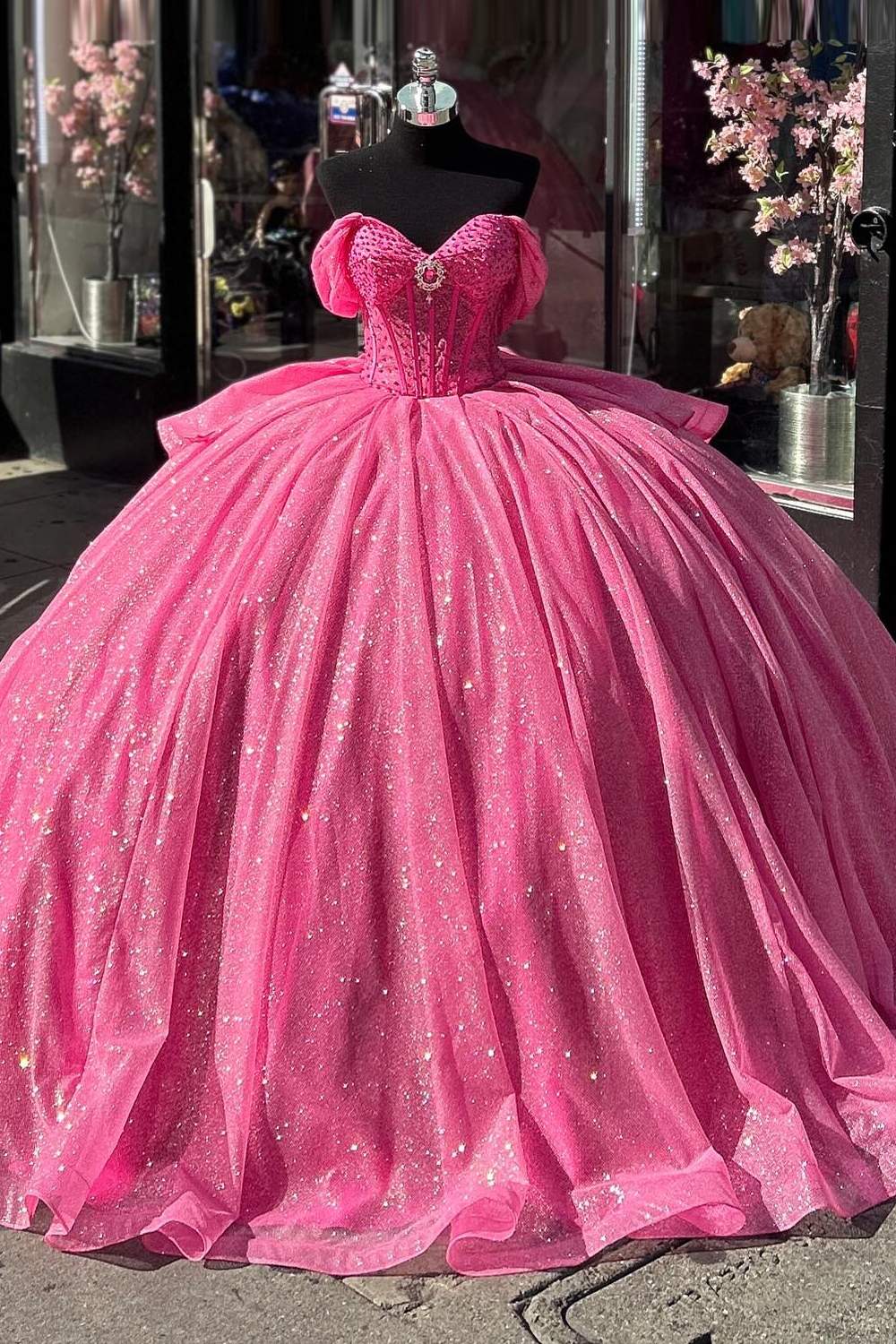Hot Pink Sparkly Off-Shoulder Beaded Rhinestone Quinceanera Dress with Tulle Ruffle