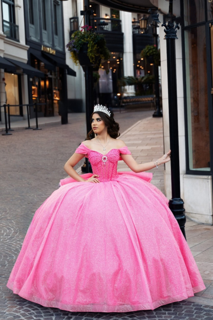 Hot Pink Sparkly Off-Shoulder Beaded Rhinestone Quinceanera Dress with Tulle Ruffle