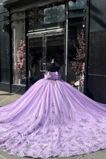Off the Shoulder Purple Tulle Quinceanera Dress with Sparkly Ruffles and Sequined Appliques