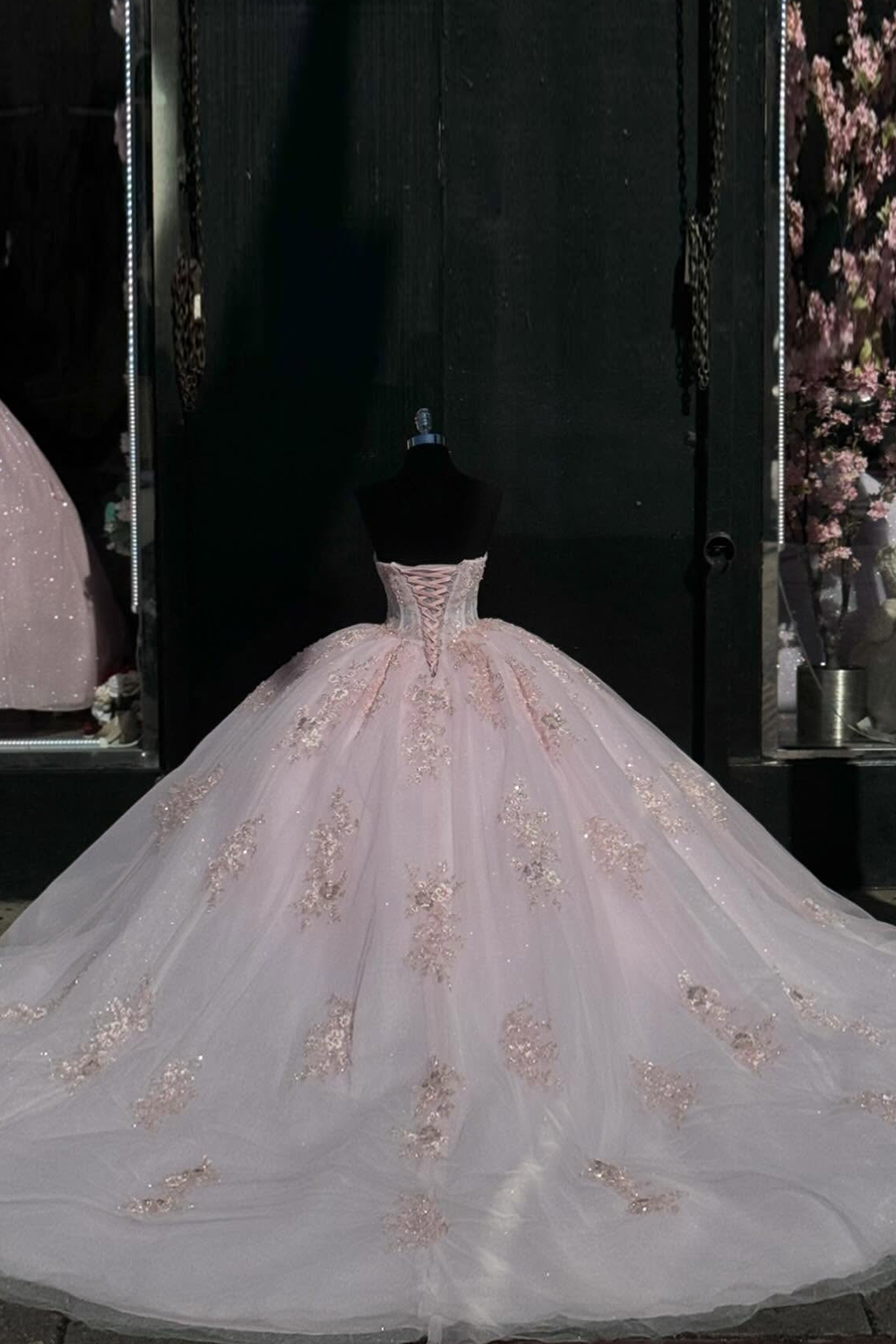 Strapless Light Pink Tulle Quinceanera Dress with Sparkly Appliques