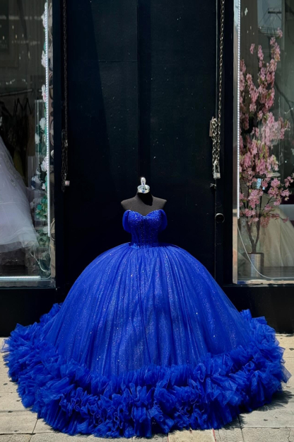 Royal Blue Off-the-Shoulder Princess Dress with Ruffled Tulle for Quinceanera