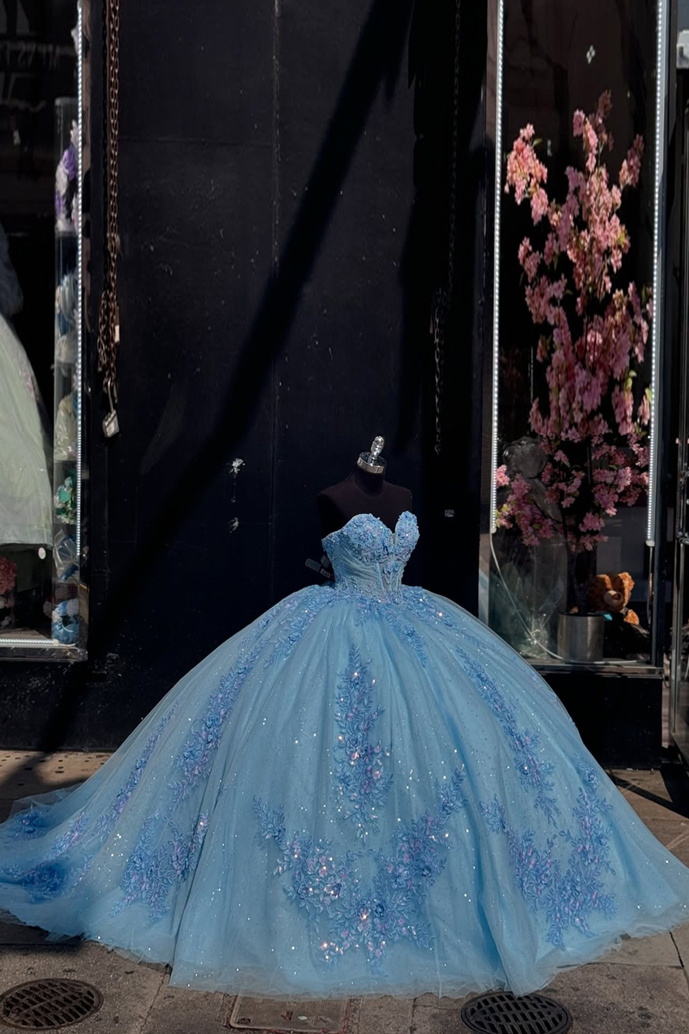 Strapless Tulle Quinceanera Dress in Sparkly Blue with Sequined Appliques