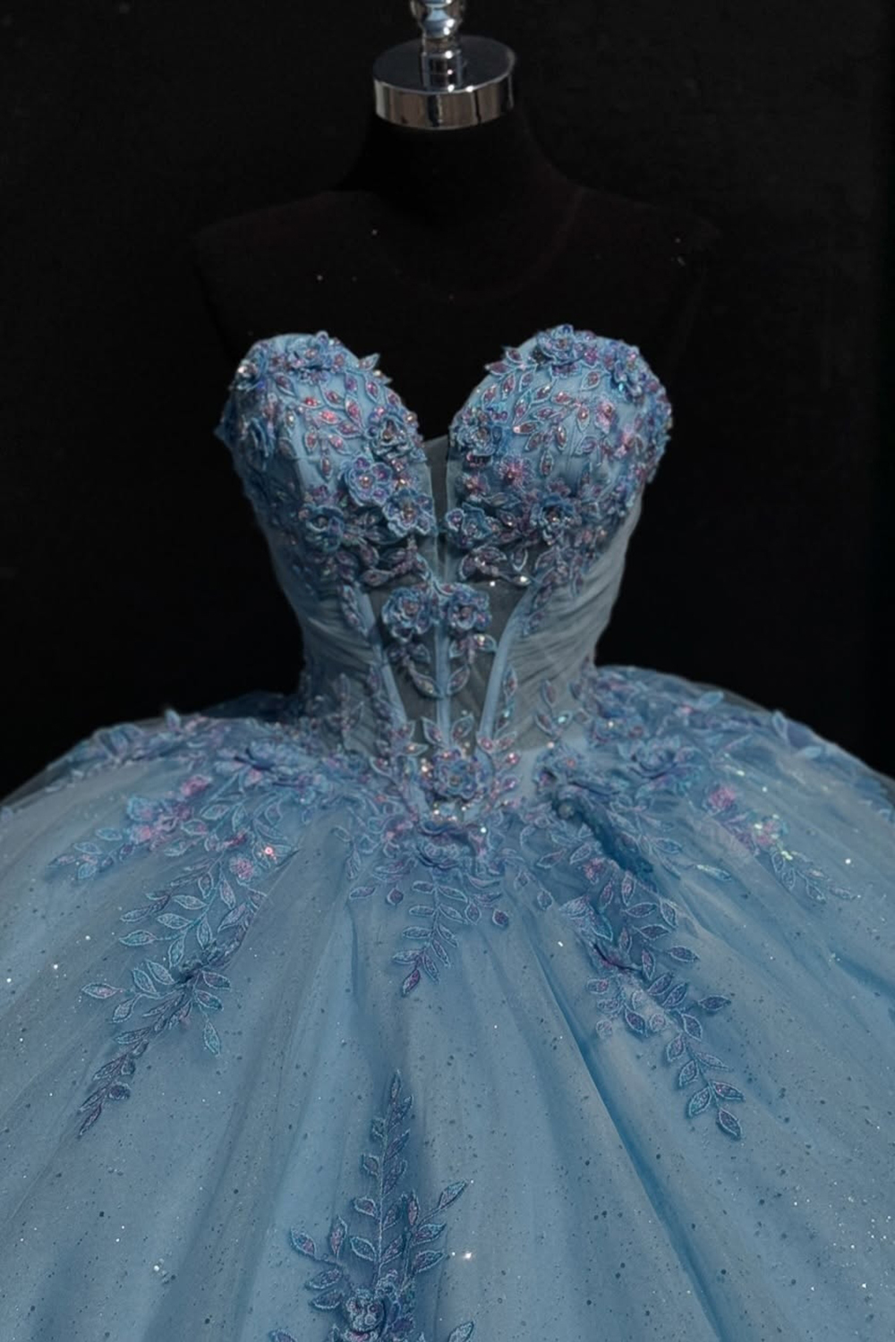 Strapless Tulle Quinceanera Dress in Sparkly Blue with Sequined Appliques