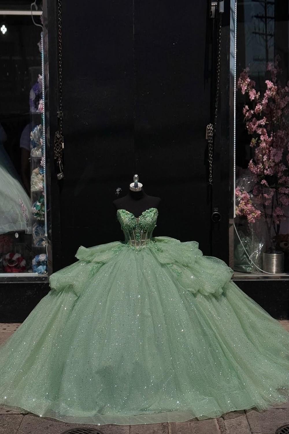 Strapless Green Princess Ball Gown with Ruffles and Tulle Appliques for Quinceanera