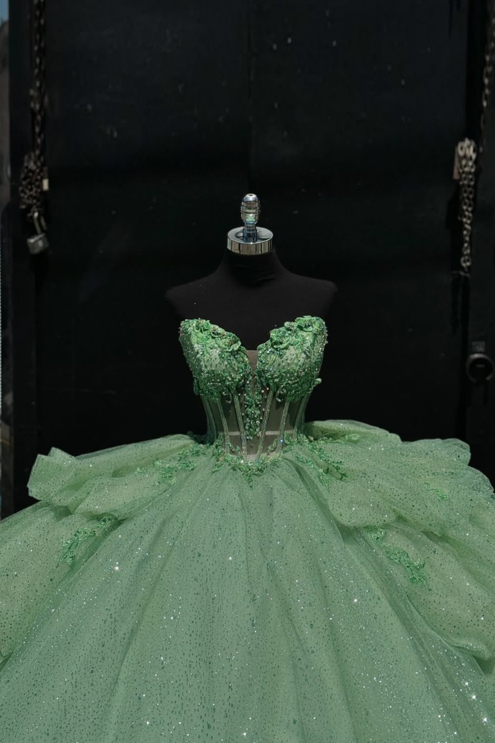 Strapless Green Princess Ball Gown with Ruffles and Tulle Appliques for Quinceanera
