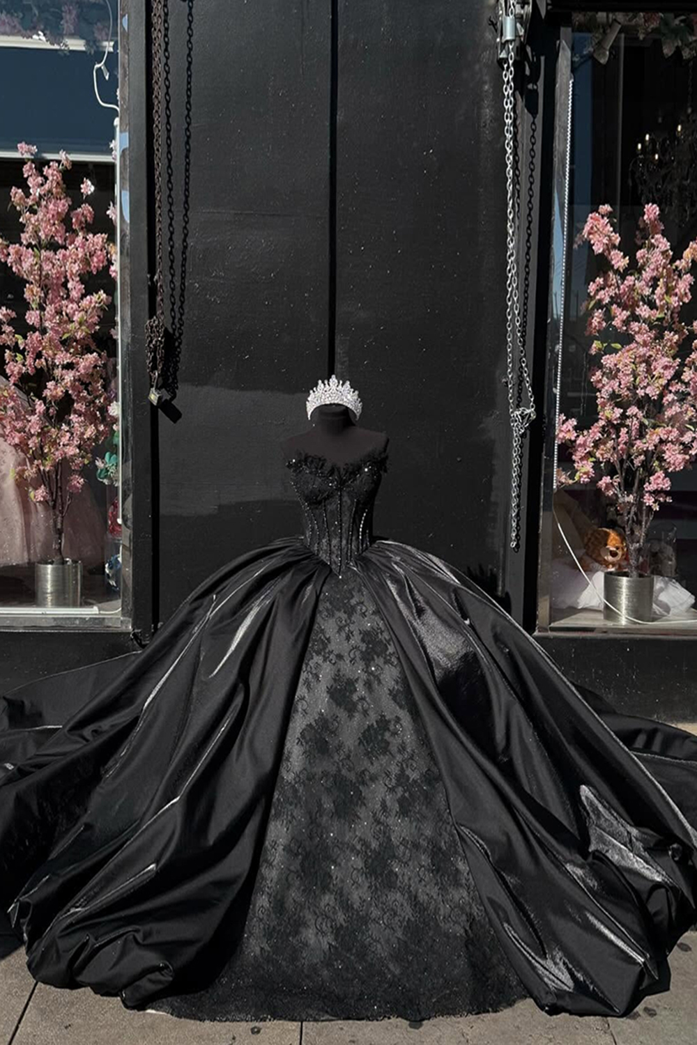 Sweetheart Ball Gown with Black Satin and Beaded Details for Quinceanera