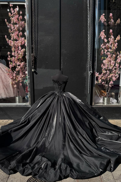 Sweetheart Ball Gown with Black Satin and Beaded Details for Quinceanera