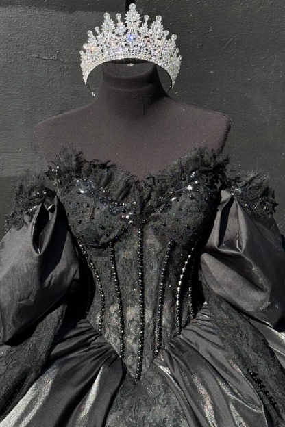 Sweetheart Ball Gown with Black Satin and Beaded Details for Quinceanera