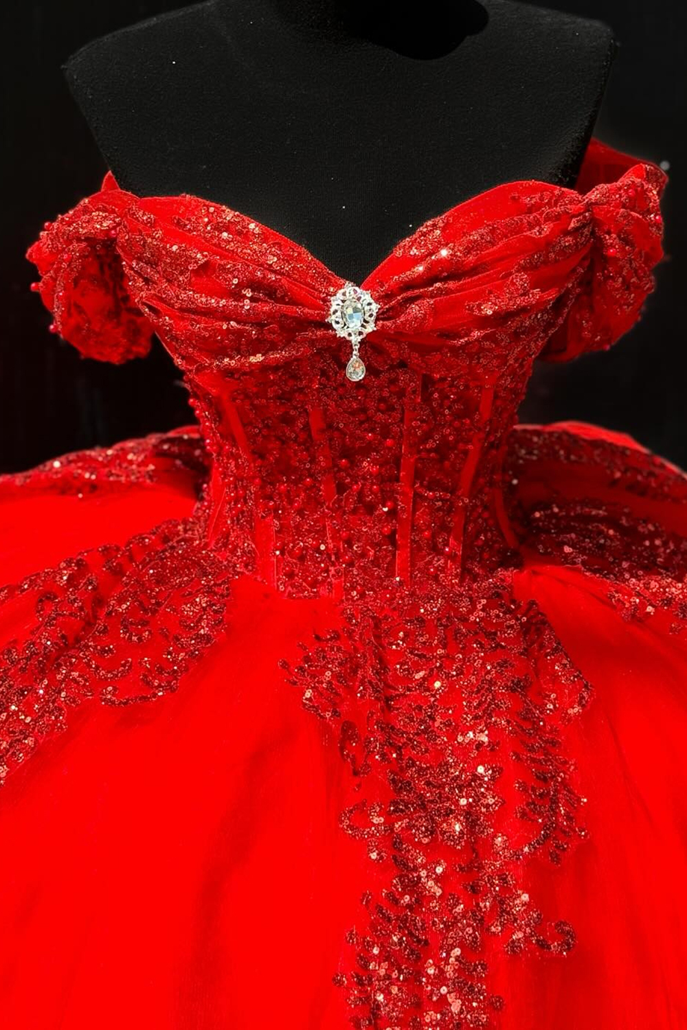 Red Sparkle Applique Off-Shoulder Tulle Quinceanera Ball Gown