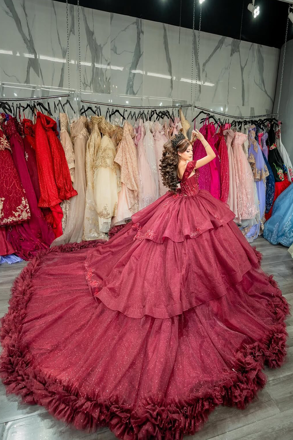Off the Shoulder Burgundy Ball Gown with Tulle Ruffles and Applique for Quinceanera