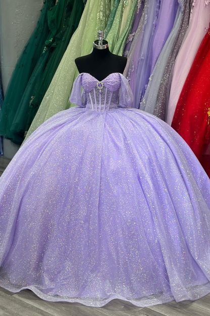 Off the Shoulder Quinceanera Ball Gown in Sparkly Lilac Tulle with Appliques