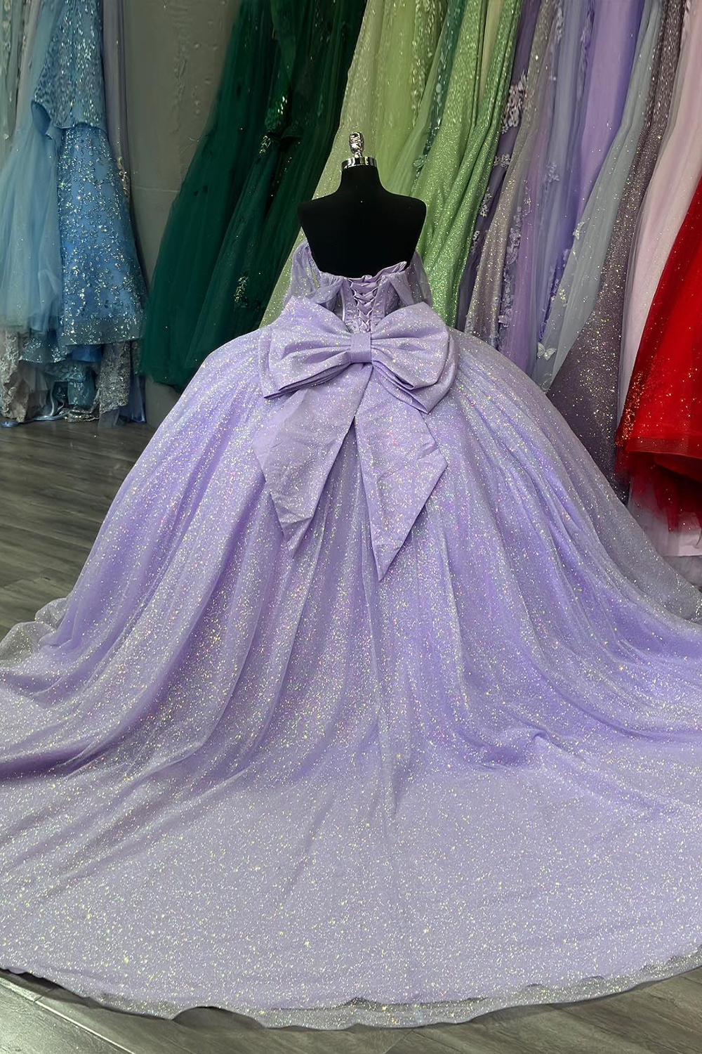Off the Shoulder Quinceanera Ball Gown in Sparkly Lilac Tulle with Appliques