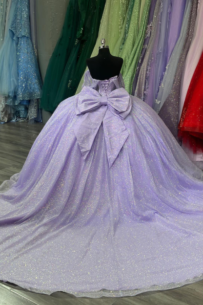 Off the Shoulder Quinceanera Ball Gown in Sparkly Lilac Tulle with Appliques