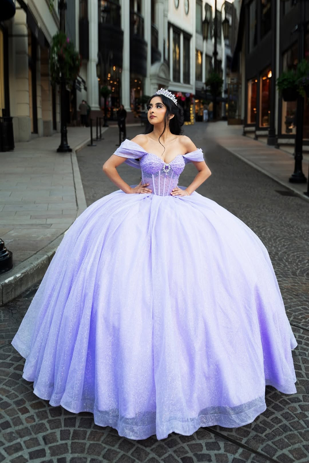 Off the Shoulder Quinceanera Ball Gown in Sparkly Lilac Tulle with Appliques