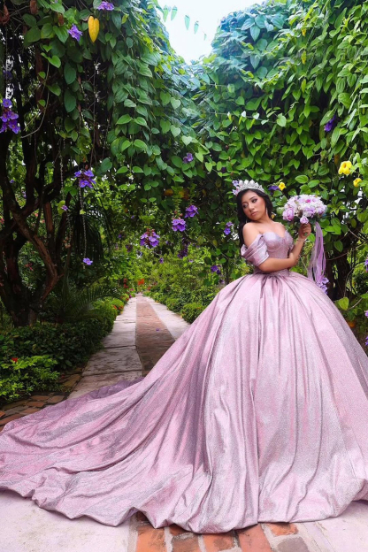 Off the Shoulder Quinceanera Ball Gown in Sparkly Grey Purple