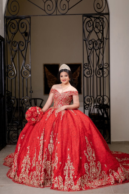 Red Sparkle Off-Shoulder Applique Ball Gown for Quinceanera