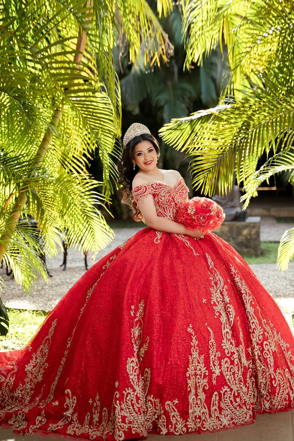Red Sparkle Off-Shoulder Applique Ball Gown for Quinceanera