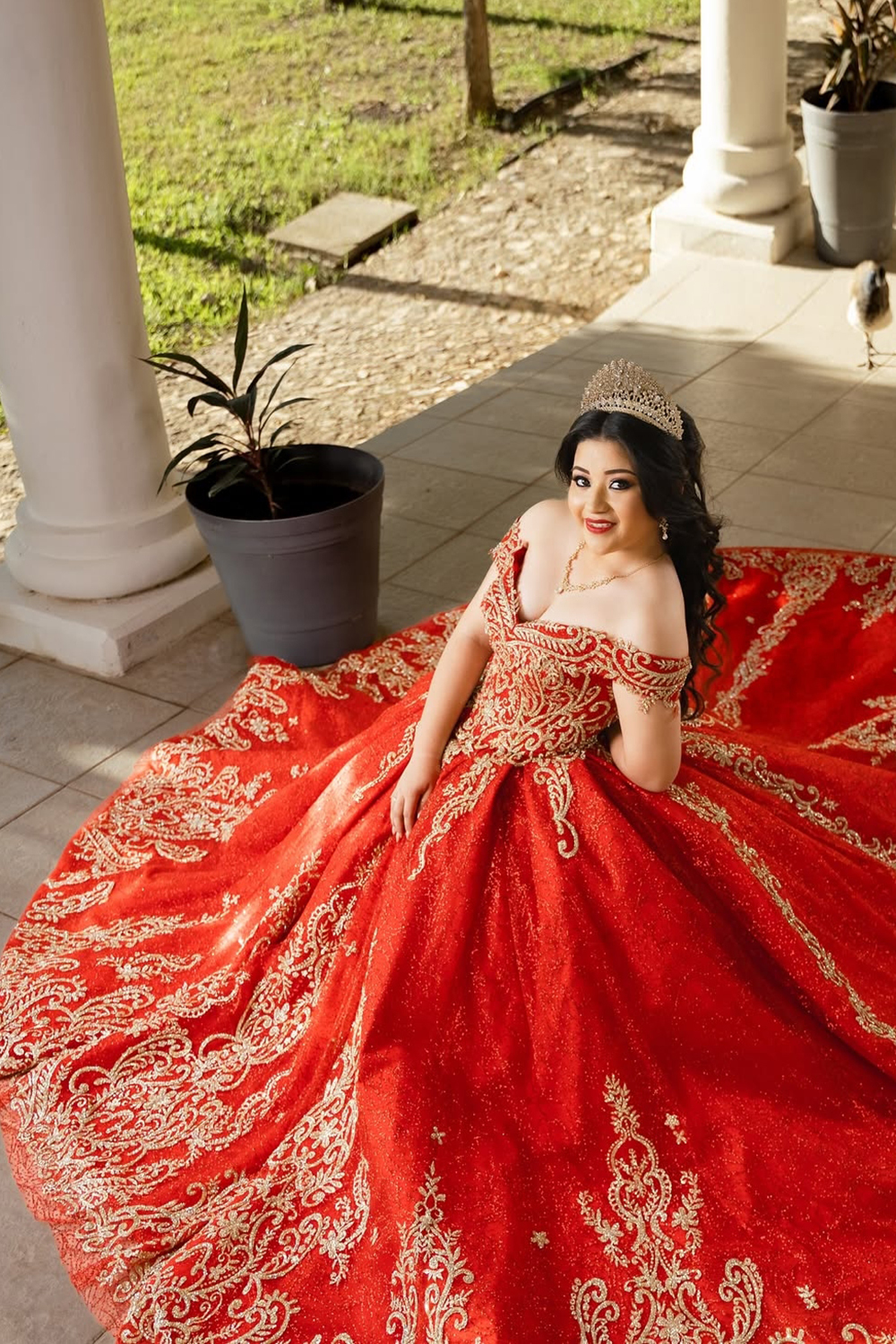 Red Sparkle Off-Shoulder Applique Ball Gown for Quinceanera